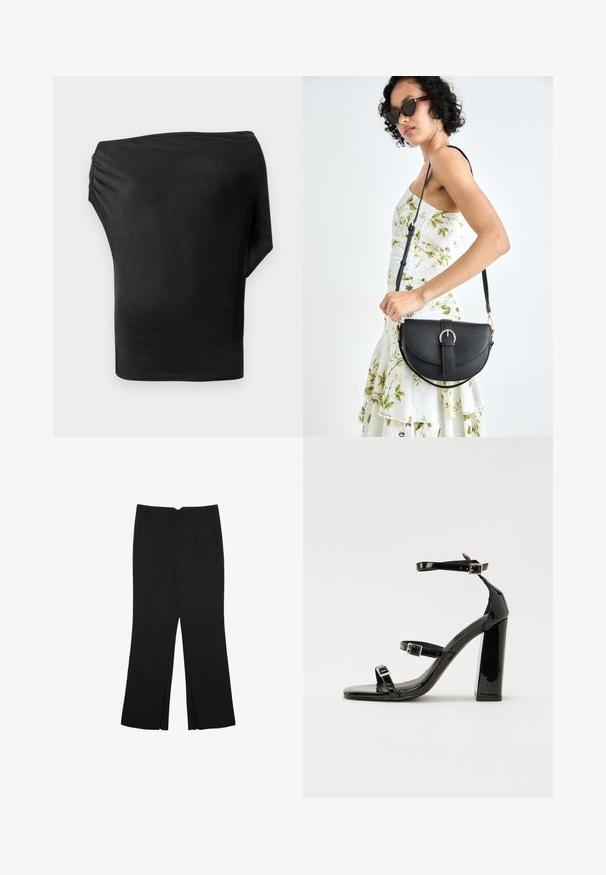 Černý asymetrický top z hladké, pružné látky s nařasením na jedné straně. Minimalistický design, jedno dlouhé rukáv.; Černé kalhoty s rovným střihem, s předními kapsami a bočními rozparky na lemu. Vyrobené z jemné, hladké tkaniny. Vhodné na různé příležitosti.; Černé lakované sandály na vysokém podpatku se dvěma pásky se sponami, čtvercovou špičkou a robustním blokovým podpatkem, s hladkou, lesklou texturou.; Černá kožená kabelka s křivkovým tvarem, odnímatelným popruhem a zlatými detaily. Kabelka má klopu s přezkou.