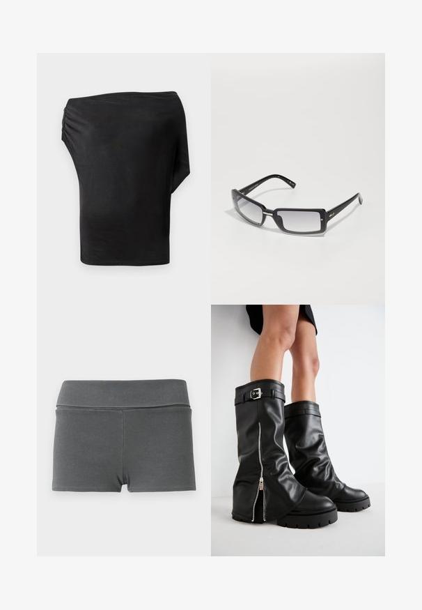 Black asymmetrical top featuring a smooth, stretchy fabric with a gathered detail on one side. Minimalist design, single long sleeve.; Ribbed fabric shorts in dark grey with a wide waistband. Features a fitted design, smooth texture, and no visible hardware or accents.; Black leather knee-high boots with a wide shaft, featuring a side zipper and buckle accent, textured finish, and chunky rubber sole.; Black rectangular sunglasses with a gradient lens, featuring a thick frame and metal accent details on the arms. Smooth texture throughout.; Transparent plastic tote bag with two clear handles, featuring nine circular metallic accents arranged in a grid pattern on the front.