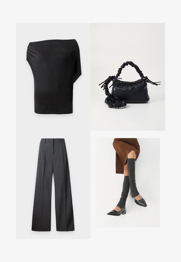 Juoda asimetriška palaidinė, pasižyminti lygiu, elastingu audiniu ir susigūžimo detale vienoje pusėje. Minimalistinis dizainas, viena ilga rankovė.; Tamsiai pilkos plačios kojos kelnės, turinčios aukštą liemenį, vieną raukšlę ir sklandžią tekstūrą su tvarkingais kraštais.; Juodi lakuoti odiniai batai su aštriu kuma ir bloko kulnu, derinami su pilkais riebiais kojų šildytuvais ir rudais zomšiniais sijonais.; Juodas dirbtinės odos rankinė su krokodilo tekstūra, sušnibždinta viršuje ir susikraipytu dirželiu. Atrodo minkšta ir kompaktiška.