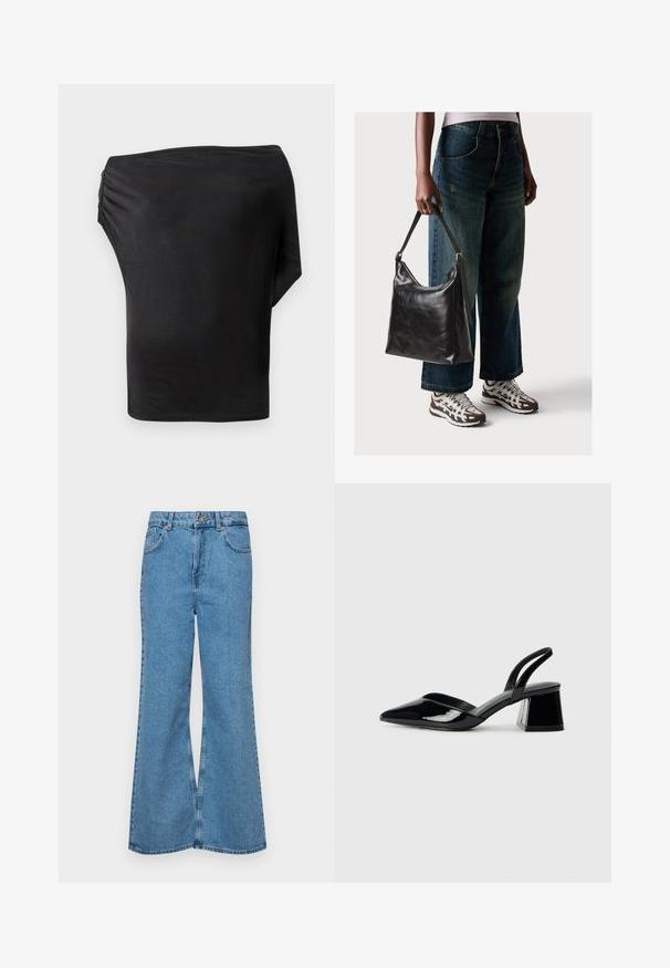 Top preto assimétrico com um tecido suave e elástico, apresentando um detalhe franzido de um lado. Design minimalista, com uma manga longa.; Jeans de brim azuis claros, com corte à boca de sino, apresentando uma cintura alta, cinco bolsos e um fecho de botão único. Textura macia com acabamento desbotado.; Sandy em verniz preto com salto slingback, ponta afilada e salto geométrico. Apresenta um design elegante e minimalista com textura suave.; Bolsa de ombro em couro preto com textura suave e alça ajustável, combinada com jeans de perna larga desbotados e ténis desportivos.