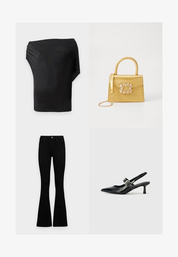 Black asymmetrical top featuring a smooth, stretchy fabric with a gathered detail on one side. Minimalist design, single long sleeve.; Black high-waist jeans with a button and zip closure, front pockets, and flared legs laid flat on a white background.; Black patent leather slingback heels with a pointed toe and a small block heel, featuring a silver buckle accent on the strap.; Yellow faux-crocodile handbag with a structured design, top handle, detachable chain strap, and decorative crystal embellishment on the clasp.