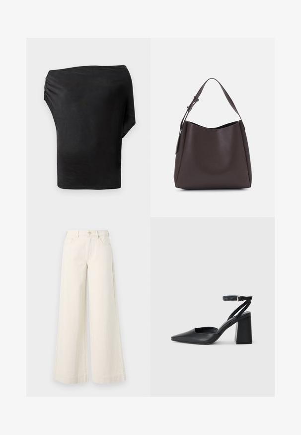 Sorte asymmetrisk topp med en glatt, elastisk stoff og et rynket detalj på den ene siden. Minimalistisk design, en enkel langermet.; Vide ben, lyse beige denim bukser med høj talje, to frontlommer, knaplukning og diskret syninger.; Svart lær pumps med spiss tå, ankelrem og kraftig hæl. Flat tekstur, strømlinjeformet design og minimalisme.; Vero Moda VMLANE - Shoppingveske - chocolate torte