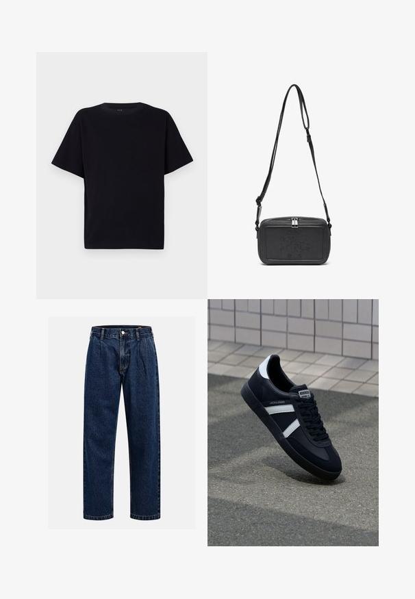 Black short-sleeved t-shirt with a round neckline. Made of soft fabric, featuring a relaxed fit and no visible patterns or accents.; Dark blue denim jeans with a straight-leg design. Features visible stitching, a button closure, and front pleats for added detail.; Black leather sneaker with white stripes, textured rubber sole, and lace-up front. Features a branded label on the tongue.; Black leather crossbody bag with a zip closure, embossed logo on the front, and adjustable strap. Smooth texture with a rectangular shape.
