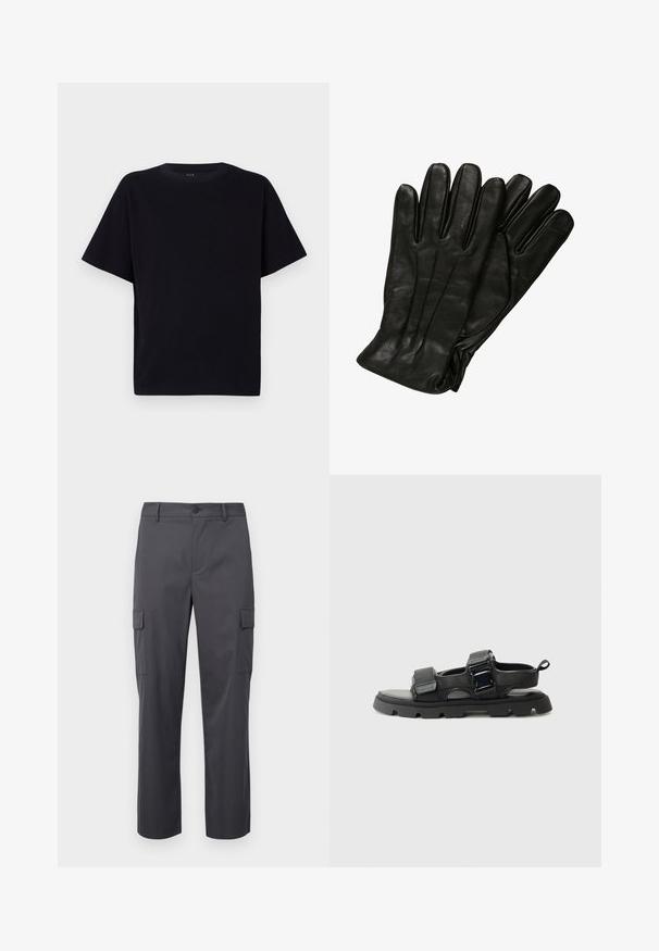 Melna īsām piedurknēm T-kreklu ar apaļu kakla izgriezumu. Izgatavots no mīksta auduma, ar brīvu piegriezumu un bez redzamām apdrukām vai rotājumiem.; Oglekšanai domāti ogļu pelēki cargo bikses, kas izgatavotas no gludas auduma, ar taisno kāju dizainu, divām sānu kabatām un pogu aizdari viduklī.; Melni sandales ar teksturētu auduma virsļu, platām siksnām, metāla sprādzi un biezām gumijas zolem ar rakstu.; Melna ādas cimdi ar gludu faktūru, piecām pirkstiem un delikātiem izšuvumiem. Klasisks dizains, piemērots aukstam laikam.