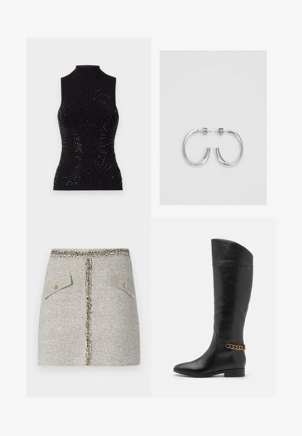 Juodas be rankovių marškinėlis su aukštu, imitaciniu kaklu, turintis tekstūruotą dizainą, papuoštą juodais blizgučiais, išdėstytais gėlių raštais.; Audimas pintas tweed sijonas baltai juodai su žuvų kaulų raštu, turi dvi priekines kišenes ir auksinės spalvos užtrauktuką gale su nusidėvėjusiais kraštais.; Aukšti juodi odiniai batai su liekna forma, smailiu smaigaliu ir aukso grandinėlės akcentu ties kulkšnimi. Žemas bloko kulnas. Lygi tekstūra.; Sidabriniai lankelio formos auskarai su lygiu, blizgiu paviršiumi, išlenktos formos ir su užsegimu. Minimalistinio dizaino su moderniu apdaila.