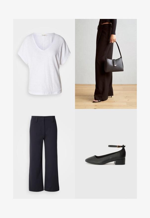 Camiseta blanca de cuello en V hecha de una tela texturizada, con mangas cortas y un corte relajado con un dobladillo ligeramente curvado.; Pantalones de pierna ancha en tejido azul marino oscuro. Presentan un frente liso, lazos para cinturón y bolsillos laterales. El material es suave y con un ligero estiramiento.; Zapato de tacón negro de cuero con punta afilada y tacón bajo cuadrado. Presenta una correa para el tobillo con una hebilla en tono dorado. Textura suave.; Bolso negro con forma estructurada, textura suave y un cierre metálico. Combinado con pantalones anchos negros y sandalias de dedo en un suelo de madera.