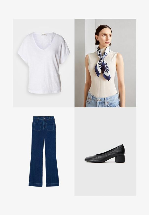 Witte V-hals T-shirt gemaakt van gestructureerde stof, met korte mouwen en een ontspannen pasvorm met een licht gebogen zoom.; Donkerblauwe denim flared jeans met een gladde textuur, vijf zakken en een knoopsluiting aan de taille.; Zwarte leren pump met een ronde neus en een middenblokhak. Glad textuur met minimale details, voorzien van een subtiele elastische opening.; Zijde sjaal in marineblauw en wit met een geometrisch zigzagpatroon. Invloed van een gladde textuur, mooi om de hals geknoopt, wat perfect past bij een geribbelde top.; Heldere en amber harsringen, de ene glad en transparant, de andere met een gestructureerde, amberkleurige afwerking. Beide hebben afgeronde, chunky ontwerpen.