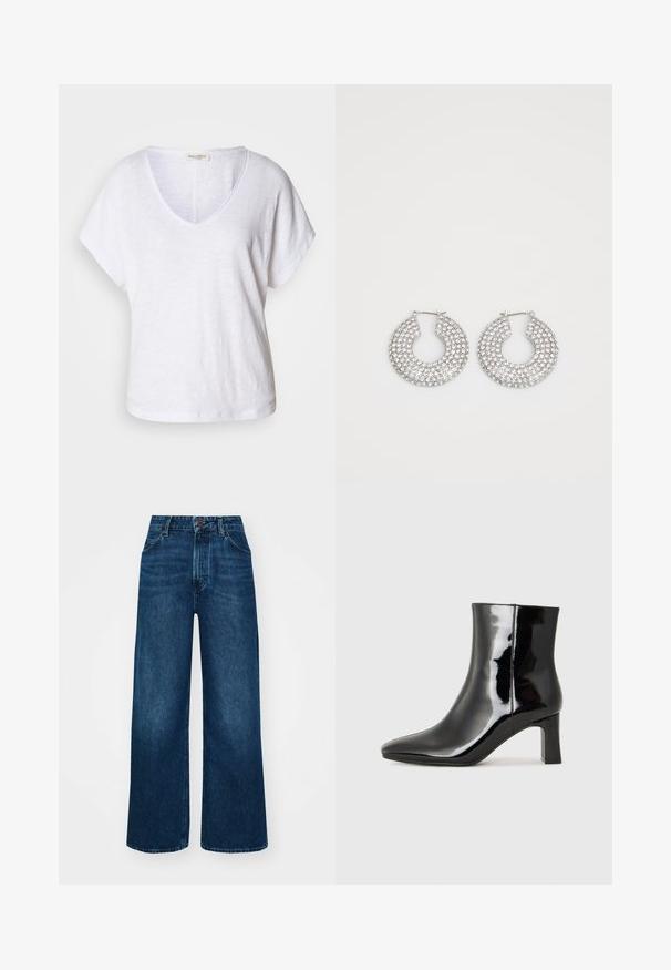 Bijela T-majica s V-izrezom izrađena od teksturirane tkanine, s kratkim rukavima i opuštenim krojem s lagano zakrivljenim donjim rubom.; Traperice viskog struka i širokih nogavica tamnoplave boje s glatkom teksturom, kontrastnim šavovima i dizajnom s pet džepova. Prednje zakopčavanje na gumb.; Crne lakirane kožne gležnjače s šiljastim prstom i srednje visokom blok petom. Glatka tekstura i minimalistički dizajn.; Srebrne kružne naušnice ukrašene brojnim čistim kristalnim detaljima, s teksturiranom površinom i otvorenim kružnim dizajnom.