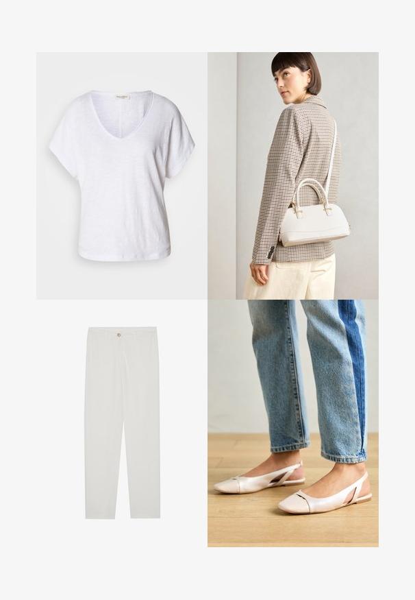 White V-neck t-shirt made from textured fabric, featuring short sleeves and a relaxed fit with a slightly curved hemline.; White, tailored trousers with a straight leg design, featuring a button closure, belt loops, and side pockets; smooth fabric texture.; Pale pink slingback flats with a pointed toe, made from a smooth leather-like material. Features cut-out details at the sides and a flat heel.; White structured handbag with short handles and a shoulder strap, featuring gold hardware accents and textured material, displayed against a grey background.