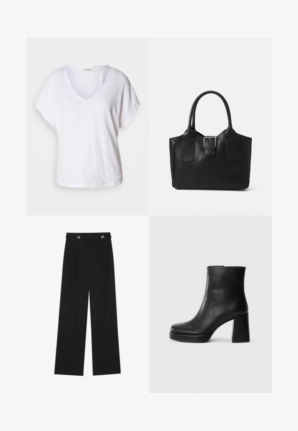 T-shirt branco com decote em V, feito de um tecido texturizado, apresentando mangas curtas e um corte descontraído com uma bainha ligeiramente curve.; Calças largas pretas com cintura alta, detalhes em botão na cintura e pregas frontais.; Bota de couro preta até ao tornozelo com salto bloco e sola com plataforma, vista de lado sobre um fundo branco liso.; Bolsa tote de couro preta com textura suave, forma estruturada, duas alças e um destaque prateado proeminente na parte da frente.