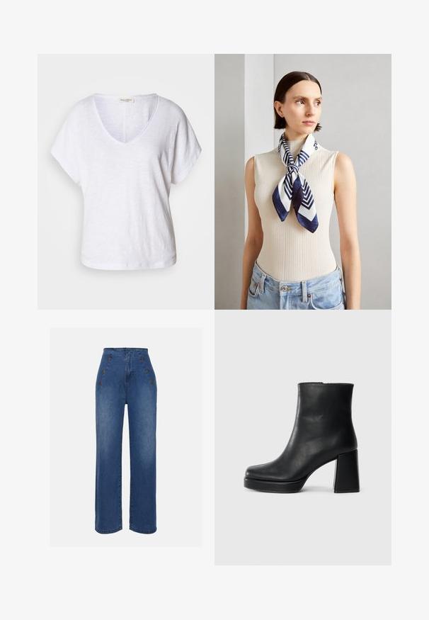 T-shirt branco com decote em V, feito de um tecido texturizado, apresentando mangas curtas e um corte descontraído com uma bainha ligeiramente curve.; Calças de ganga de cintura alta em azul médio. Apresentam detalhes com botões na frente e um design de perna larga. O tecido tem uma textura suave com um ligeiro desbotamento.; Bota de couro preta até ao tornozelo com salto bloco e sola com plataforma, vista de lado sobre um fundo branco liso.; Cachecol de seda em azul marinho e branco com um padrão geométrico em zigzag. Textura suave, amarrado cuidadosamente ao redor do pescoço, complementando uma blusa com nervuras.; Zign Pulseira - silver-coloured