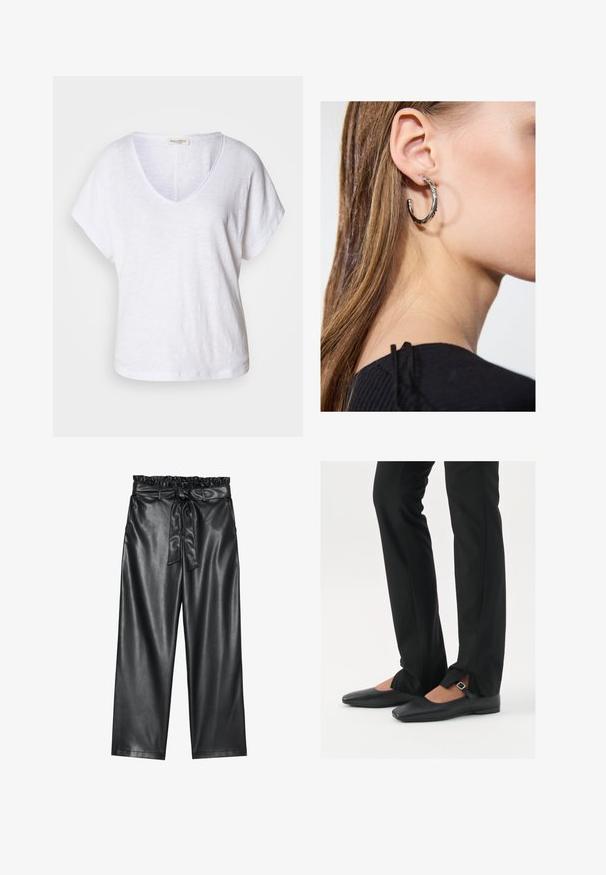 White V-neck t-shirt made from textured fabric, featuring short sleeves and a relaxed fit with a slightly curved hemline.; Black faux leather wide-leg pants with an elasticated, ruffled waistband, and a detachable tie belt. Smooth texture and minimal sheen.; Black leather ballet flats with a pointed toe, strap with silver buckle, paired with black tailored pants featuring a slit hem.; Silver hoop earring with a polished finish, featuring small gold accent details and a round shape, worn on the lobe.