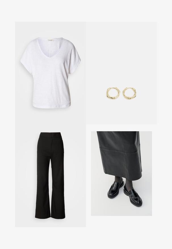 Weißes V-Ausschnitt-T-Shirt aus strukturiertem Stoff, mit kurzen Ärmeln und einem lockeren Schnitt sowie einem leicht geschwungenen Saum.; Schwarze weit geschnittene Hosen mit glatter Textur, hoher Taille und klarem Design. Keine sichtbaren Taschen oder Verzierungen.; Schwarze Lederloafers mit glatter Oberfläche, verziert mit einem dekorativen Riemen, runder Zehenpartie und texturierten Sohlen. Getragen mit einem langen schwarzen Lederrock.; Goldene Creolen mit einer strukturierten, unregelmäßigen Form. Sie verfügen über einen nahtlosen Verschluss und eine polierte Oberflächenbehandlung, die ein modernes Design betont.