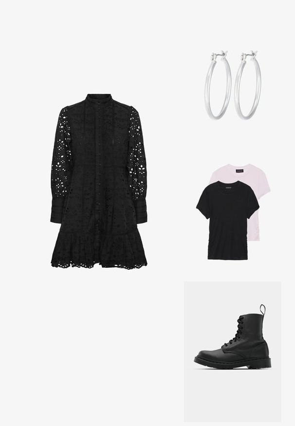 Two T-shirts: one black and one light pink. Both feature round necklines and short sleeves, made from a soft, lightweight fabric.; Black embroidered dress with a high collar, button front, long sleeves, and a ruffled hem. Features cut-out floral and geometric patterns.; Black leather combat boot with a round toe, lace-up front, and a pull tab at the ankle. Features a thick rubber sole for durability.; Silver hoop earrings with a smooth, polished finish. Round shape and secure click-top closure. Lightweight design suitable for everyday wear.