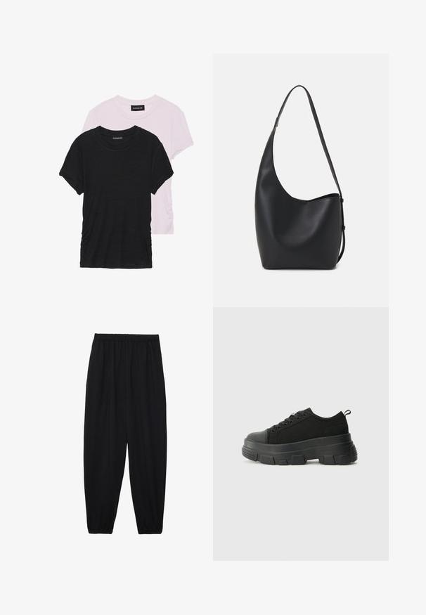 Du šešėliai: vienas juodas, kitas šviesiai rožinis. Abu turi apykakles ir trumpas rankoves, pagaminti iš minkštos, lengvos medžiagos.; Juodi, lengvi kelnių su elastinga juosmens juosta ir surinktais kulkšniais. Audinys yra lygus ir turi atsipalaidavusį, siaurėjantį dizainą.; Juodos sportinės bateliai su stambiu guminiais padu, tekstūrizuotu audinio viršumi, apvaliu pirštu ir raištelių uždarymu. Yra sutvirtinti akių angos ir nugaros kilputė.; Juodas odinis hobo maišas su lygiu paviršiumi, kreipta forma ir viena reguliuojama rankena; turi platų atidarymą viršuje.