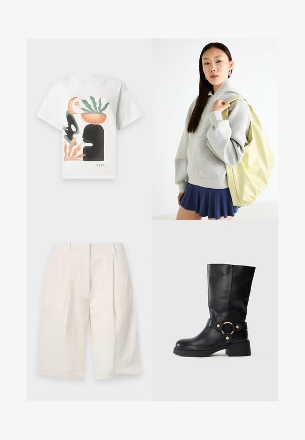 Valge T-särk, millel on abstraktne kunst mustast siluetist peast, roheline taim oranžis kausis peal, oranžid ja rohelised kujundid ning "RVCA" logo.; Valged linased lühikesed püksid, mis on kohandatud disainiga, volditud esiosa ja laia jala avaga. Sile tekstuur ja keskmise reie pikkus.; Must muste rebenkaga nahast saapad, millel on tugev konts ja dekoratiivne rihm, kus on kuldne ümmargune klamber, valgel taustal.; Hallukas halli kapuutsiga jakki, millel on kenguru tasku, sobitatud tumesinise lõhiku säärega seeliku juurde. Aksessuaar: suur heledast kollasest seljakotist, sile tekstuur.