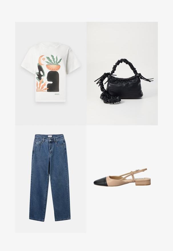 T-shirt branca com arte abstrata de uma cabeça em silhueta preta, planta verde em um recipiente laranja na cabeça, formas laranja e verde, e logotipo "RVCA".; Jeans de denim azul clássicos com um design de perna reta, cinco bolsos e fecho de botão. Apresenta um tratamento médio e uma textura resistente.; Sapato slingback bicolor em bege e preto, com bico apontado, salto baixo e detalhe de tira cruzada. Textura de couro suave.; Bolsa de mão em couro sintético preto com textura de crocodilo, topo franzido e alça enrugada. Apresenta um design suave e compacto.