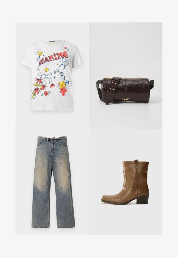 Bijela pamučna majica s kratkim rukavima, ukrašena višebojnim grafičkim motivima, uključujući cvijeće, konja, sunce i riječ "BEAMING" u crvenoj boji.; Svjetloplave traperice s opuštenim, ravnim krojem. Imaju izgužvane, izblijedjele i oštećene detalje u blizini koljena. Klasičan stil s pet džepova.; Smeđa kožna cipela do gležnja sa četvrtastim vrhom, teksturiranim finišem i niskim složenim potpeticom. Ima stražnju petlju za navlačenje i suptilne detalje šivanja.; Smeđa torba od kože s embosiranim krokodilskim uzorkom, cilindričnog oblika, zlatne hardverske detalje i odvojivu naramenicu sa čavlima.