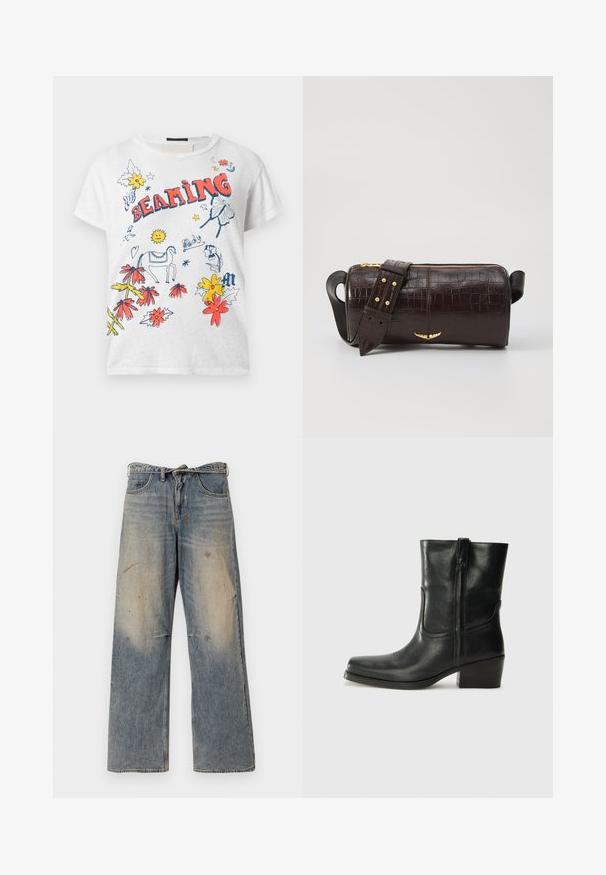 Weißes Baumwoll-T-Shirt mit mehrfarbigen grafikdruck, darunter Blumen, ein Pferd, eine Sonne und das Wort "BEAMING" in Rot. Mit kurzen Ärmeln.; Helle blaue Denim-Jeans mit einem lockeren, geraden Schnitt. Verfügt über Ausbleichungen, Verwaschungen und abgenutzte Details an den Knien. Klassisches Fünf-Taschen-Design.; Schwarze Leder-Ankle Boots mit runder Zehenform, Blockabsatz, seitlichem Reißverschluss und gestickten Akzenten auf dem Blatt. Glatte Textur, klassisches Design.; Braune, krokodilgeprägte Lederhandtasche mit zylindrischer Form, goldfarbener Hardware und einem abnehmbaren Tragegurt mit Nieten.