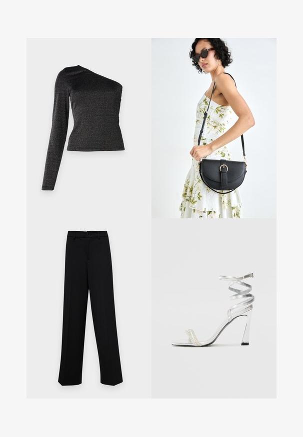 Fekete, egyvállas, hosszú ujjú felső, fényes, texturált anyagból, testhez simuló szabással és diszkrét, fémpolír hatással.; Fekete, széles szárú nadrág sima anyagból, klasszikus derékrésszel, gombzárral és elülső redőkkel.; Ezüst színű, magas sarkú szandál, csillogó pánt dizájnnal, gyöngyszerű díszítéssel és spirális bokapánttal a biztos illeszkedés érdekében.; Fekete bőrtáska ívelt formával, levehető pánttal és arany színű fémrészekkel. A táskán egy csattal díszített fedél található.