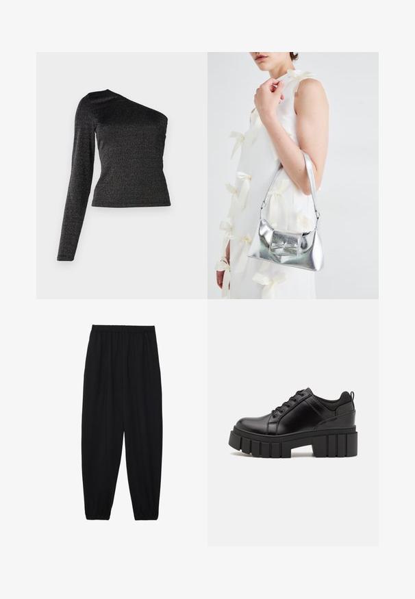 Fekete, egyvállas, hosszú ujjú felső, fényes, texturált anyagból, testhez simuló szabással és diszkrét, fémpolír hatással.; Fekete, könnyű nadrág elasztikus derékkal és ráncolt bokákkal. Az anyag sima és laza, szűkített dizájnnal rendelkezik.; Fekete bőr platform cipők vaskos blokk sarkakkal, kerek orral és hagyományos fűzős kialakítással. Simára csiszolt felület és minimális részletezés jellemzi.; Ezüst fémes kézitáska, struktúrált formával, felső fogantyúval és masnis részlettel az elején. Simaságával és fényes felületével tűnik ki.