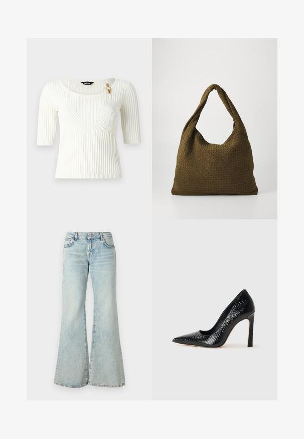 Top branco com textura canelada e mangas curtas, apresentando um decote em forma de U e um detalhe em metal dourado. A textura é suave com riscas verticais.; Jeans azuis claros em flare feitos de denim, apresentando uma cintura alta, bolsos e bainhas desfiadas. O tecido exibe um tom desbotado e uma textura subtil.; Sapato de salto alto de bico fino preto com textura de pele de crocodilo, apresentando um design elegante, salto agulha alto e interior preto suave.; Saco de mão em tecido tecido de cor verde-oliva, com uma forma arredondada e espaçosa, e uma única alça alongada para transporte. Superfície texturizada.