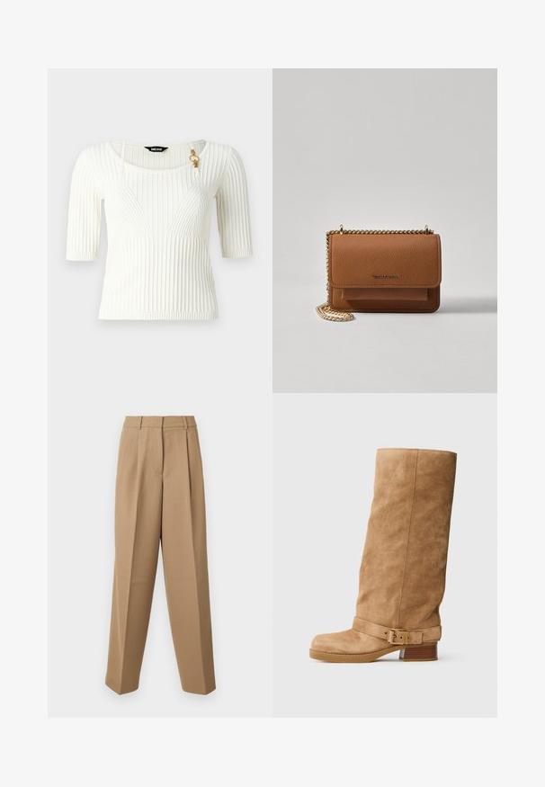 Baltā ribota blūze ar īsām piedurknēm, ar apaļu kakla izgriezumu un zeltīta metāla akcentu. Audums ir mīksts ar vertikālām svītrām.; Bēšas stilīgas bikses ar augstu jostasvietu, kroku priekšpusi un platām kājām. Audums izskatās gluds ar vieglu spīdumu.; Gai krāsas zamšs vidēja garuma zābaks ar zemu sakrautu papēdi, noapaļota purngala un regulējamu siksniņu ar zelta sprādzi ap potīti.; Brūna teksturēta ādas plecu soma ar zelta ķēdes siksnu un atloka aizdari. Priekšpusē ir logotipa detaļa un kabata zem atloka.