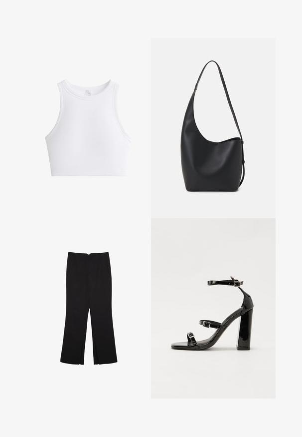 Bijeli rebrasti kratki top s okruglim izrezom i bez rukava. Ima teksturiranu tkaninu za dodatne detalje i fleksibilnost.; Crne hlače ravnog kroja, s prednjim džepovima i bočnim prorezima na rubu. Izrađene od mekog i glatkog materijala. Pogodne za razne prigode.; Crne lakirane sandale na visoku petu s dva remena s kopčama, kvadratnim vrhom i masivnom blok petom, s glatkom, sjajnom teksturom.; Crna kožna hobo torba s glatkom teksturom, zakrivljenim oblikom i jednom podesivom trakicom; ima širok otvor na vrhu.