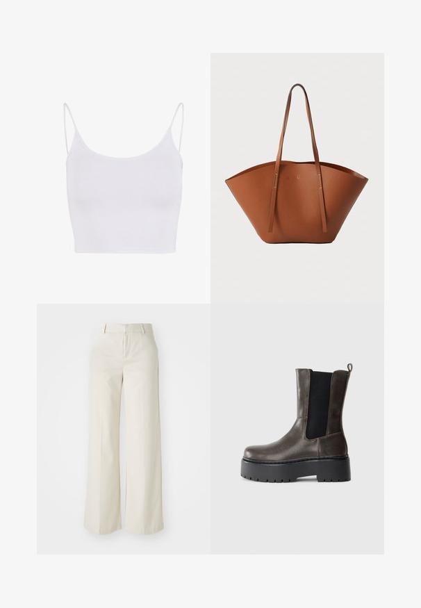 Camiseta sin mangas blanca con tirantes delgados ajustables, un diseño ceñido y una textura suave y elástica sin patrones ni adornos.; Pantalones de pierna ancha en un tono beige claro, confeccionados con una tela suave. Cuentan con una cinturilla clásica y un frente plano con líneas limpias.; Botín de cuero marrón hasta el tobillo con lados elásticos, suela de plataforma negra gruesa, punta redonda y tirador en el talón para ponerlo y quitarlo con facilidad.; Bolso tote de cuero marrón con una forma ancha y estructurada, asas delgadas y un acabado texturizado. Presenta un diseño minimalista sin herrajes visibles.