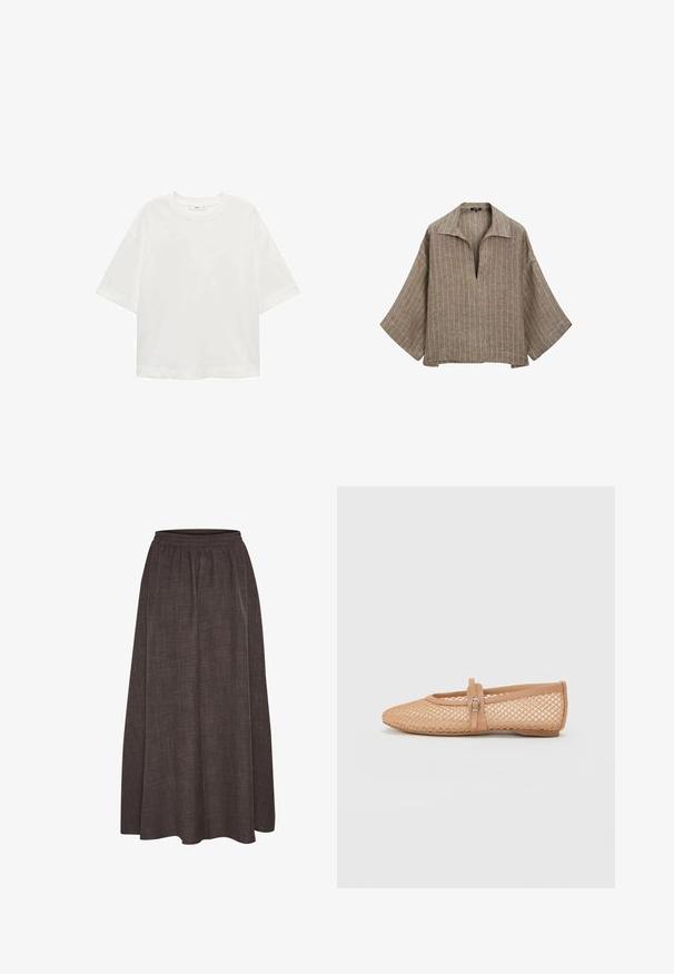 Bílé tričko s krátkým rukávem a kulatým výstřihem, volný střih, vyrobené z měkkého materiálu. Bez vzorů nebo akcentů, s klasickým lemem.; Hnědá lněná blůza s límcem, hlubokým výstřihem do V a širokými zvonovými rukávy. Vyznačuje se vertikálními bílými pruhy a uvolněným, hranatým střihem.; Maxi sukně v tmavě hnědé barvě, vyrobená z texturované tkaniny s elastickým pasem. Široká, plisovaná silueta nemá žádné viditelné vzory ani akcenty.; Nude síťované baletní boty s špičatou špičkou, uzavřenou patou a dekoračním páskem s přezkou přes nárt. Texturovaný povrch.