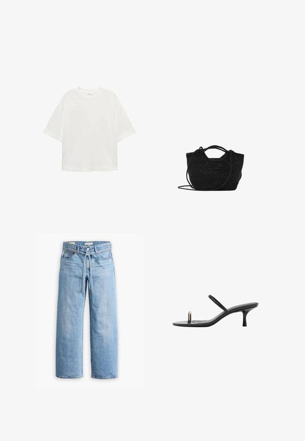 Bílé tričko s krátkým rukávem a kulatým výstřihem, volný střih, vyrobené z měkkého materiálu. Bez vzorů nebo akcentů, s klasickým lemem.; Světle modré džínové široké kalhoty s vysokým pasem, zapínáním na knoflík a zip, a šňůrkou v pase. Obroušené zakončení.; Černé sandály na vysokém podpatku s elegantním designem, které mají tenké popruhy a jedinečný přední akcent. Hladký povrch s špičatou špičkou a 7,5 cm podpatkem.; Černá tkaná taška přes rameno s dvojitými uchy a odnímatelným ramenním popruhem. Má otevřený vršek a texturovaný, lehký materiál.