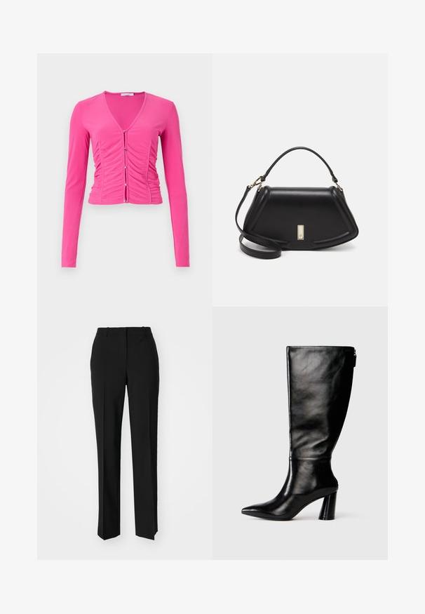 Long-sleeve, fitted pink top with a deep V-neck, ruched detailing down the front, and silver button accents for closure. Smooth texture.; Black tailored trousers with a straight-leg design, featuring a smooth texture and crisp creases along the front. No visible hardware.; Knee-high black leather boot with a pointed toe, smooth texture, and a chunky heel. Features a zipper detail at the back.; Black leather handbag with a structured design, featuring a cropped shape, top handle, and gold hardware accent. Adjustable shoulder strap included.