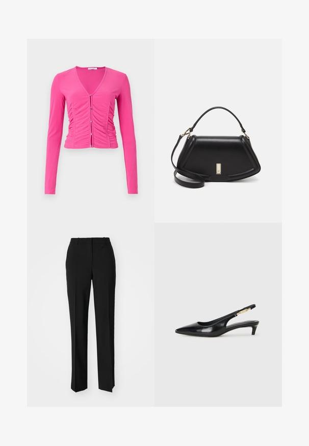 Langermet, tettsittende rosa topp med dyp V-hals, rynkedetaljer nedover fronten og sølvknapper som lukking. Glatt tekstur.; Sorte skreddersydde bukser med rett silhuett, med en glatt tekstur og klare pressede bretter foran. Ingen synlig maskinvare.; Sorte lærreim hæler med spiss tå, som har en slank hæl og en gullfarget detalj på den justerbare stroppen. Glatt tekstur.; Sort lærveske med en strukturert design, som har en avkortet form, topphåndtak og detaljer i gull. Justerbar skulderstropp inkludert.