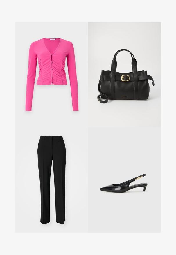 Dlouhý rukáv, fitted růžový top s hlubokým výstřihem ve tvaru V, řasením po celé přední části a stříbrnými knoflíkovými akcenty na zapínání. Hladká textura.; Černé kalhoty na míru se střihem do rovna, které mají hladkou texturu a ostré sklady na přední straně. Bez viditelného kování.; Černé kožené boty na podpatku s otevřenou patou a špičatou špičkou, s tenkým podpatkem a zlatým akcentem na nastavitelném pásku. Hladký povrch.; Černá kožená kabelka s upraveným designem, dvojitými vrchními madly, pozlaceným přezkovým akcentem a vyraženým logem značky na přední straně.
