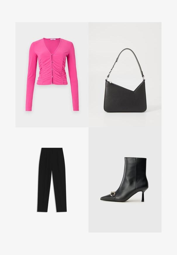 Paita pitkähihaisilla, istuvalla vaaleanpunaisella värillä, syvällä V-kaula-aukolla, laskostetulla yksityiskohdalla edessä ja hopeisilla nappeilla kiinnityksenä. Silkkinen rakenne.; Mustat housut suoran istuvuuden kanssa, joissa on kaksinkertaiset laskokset, sileä pinta ja klassinen vyötärönauhan muotoilu. Ei näkyviä metalliosia tai koristeita.; Musta nahkasaapas nilkkapituisilla, terävillä kärjillä, hoikalla keskipituisella korolla ja hopeavöillä sivussa yksinkertaista taustaa vasten.; Musta nahkakäekott kolmnurga kujuga, peene rihmaga ja hõbedaste detailidega. Omab lukuga sulgemist ja esiküljel on reljeefne logo.