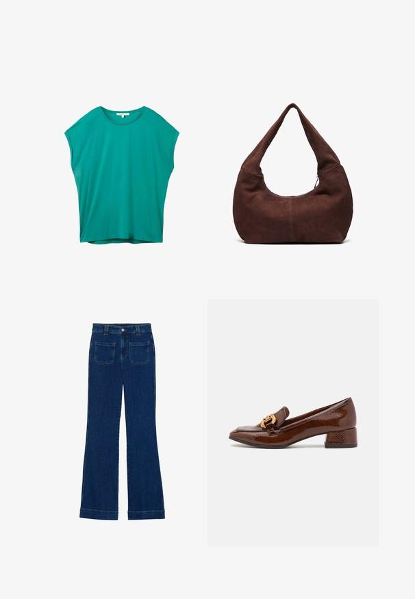 Tirkizna kratka majica s kratkim rukavima labavog kroja za žene s okruglim izrezom i malom bijelom etiketom unutar ovratnika.; Traperice širokog kroja u tamnoplavoj boji s glatkom teksturom, dizajnom s pet džepova i zatvaranjem na dugme u struku.; Smeđe kožne mokasine s sjajnom završnom obradom, s ukrasnom zlatnom kopčom sprijeda i niskim blok petama. Klasičan dizajn.; Smeđa suknjena hobo torba s zakrivljenom, širokom ručkom i velikim otvorom. Mekana tekstura s vidljivim šavovima duž rubova.