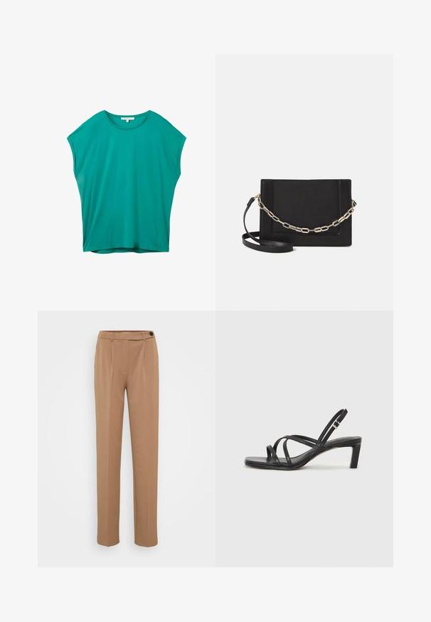 Maglietta da donna corta a maniche corte in teal, dal fit morbido, con scollo rotondo e piccolo etichetta bianca all'interno del colletto.; Pantaloni marroni su misura con gamba dritta, caratterizzati da una chiusura a bottone singolo e un design a pieghe nella parte frontale. Texture liscia, stile minimalista.; Sandalo nero con cinturini, dalla punta squadrata e tacco basso a blocco. Presenta diversi cinturini sottili e una cinturini regolabile alla caviglia. Realizzato in pelle liscia.; Borsa a tracolla nera in pelle con una texture liscia, forma rettangolare e dettaglio in catena metallica sul davanti. Inclusa una tracolla regolabile.