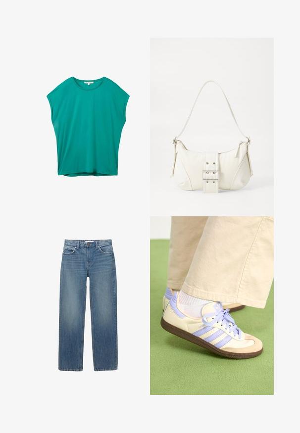 Tyrkysový dámský top s krátkým rukávem a volným střihem, kulatým výstřihem a malou bílou etikettou uvnitř límce.; Světle modré džínové kalhoty se střihiem do rovna, pěti kapsami a měděným kováním. Látka má mírné vyblednutí a hladkou texturu.; Krémové a levandulové tenisky se třemi pruhy a texturovanou hnědou podrážkou, vybavené tkaničkami a polstrovanou patou. Měkký textilní svršek.; Bílá kabelka na rameno s texturovaným povrchem, centrálním akcentem v podobě spony a zakřiveným tvarem. Zipové uzávěry na obou stranách.