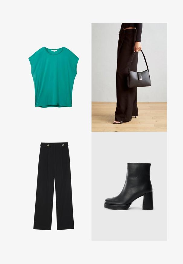 Teal short-sleeve loose-fit women's top with round neckline and small white label inside collar.; Black wide-leg trousers with high waist, button details on waistband, and front pleats.; Black leather ankle boot with a block heel and platform sole, viewed from the side on a plain white background.; Black handbag with structured shape, smooth texture, and a metallic clasp. Paired with wide black pants and open-toe sandals on wooden floor.