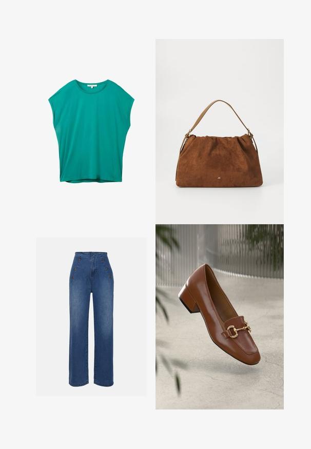 Bluză pentru femei, de culoare teal, cu mâneci scurte și croială lejeră, guler rotund și etichetă albă mică în interiorul gulerului.; Jeans din denim cu talie înaltă, de culoare albastru mediu. Prezintă accente cu buton în față și un design cu picioare late. Materialul are o textură netedă, cu o ușoară decolorare.; Mocasini din piele patent cafenie, cu vârf pătrat, accent cu lanț metalic și toc mic; textură netedă, design minimalist.; Geantă din suede maro cu un design plisat, având o curea din piele bej și un detaliu subtil cu logo auriu în partea din față.