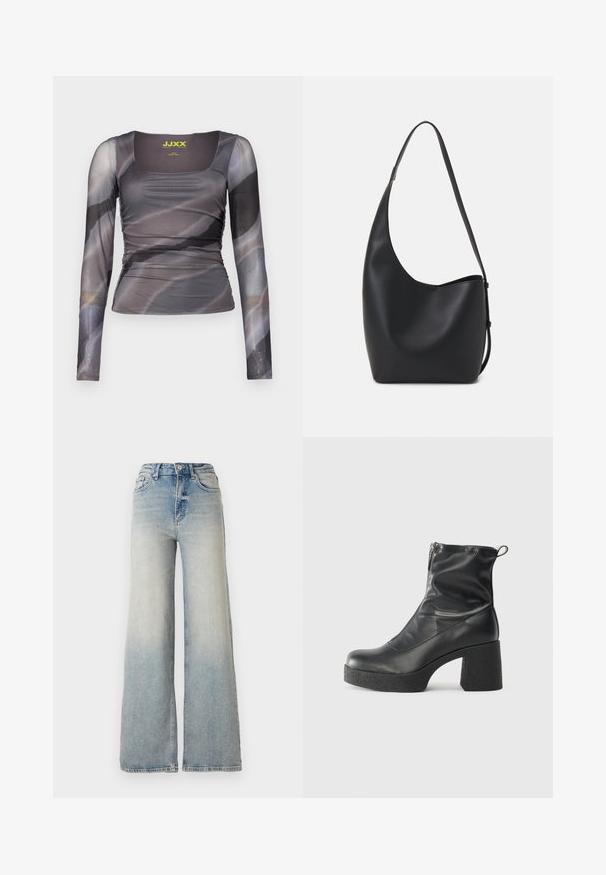 Langärmliges Oberteil aus durchsichtigem, grauem Stoff mit abstrakten Mustern. Besitzt einen quadratischen Ausschnitt und geraffte Seitendetails. Markenlabel sichtbar.; Hellblaue weit geschnittene Jeans aus Denim, mit hoher Taille, fünf Taschen und sichtbaren Nähten entlang der Säume.; Schwarze Stiefeletten aus glattem Leder mit seitlichem Reißverschluss, klobigem strukturiertem Absatz und runder Zehenform.; Schwarze Leder-Hobo-Tasche mit einer glatten Textur, geschwungener Form und einem einzelnen verstellbaren Tragegurt; verfügt über eine weite Öffnung am oberen Ende.