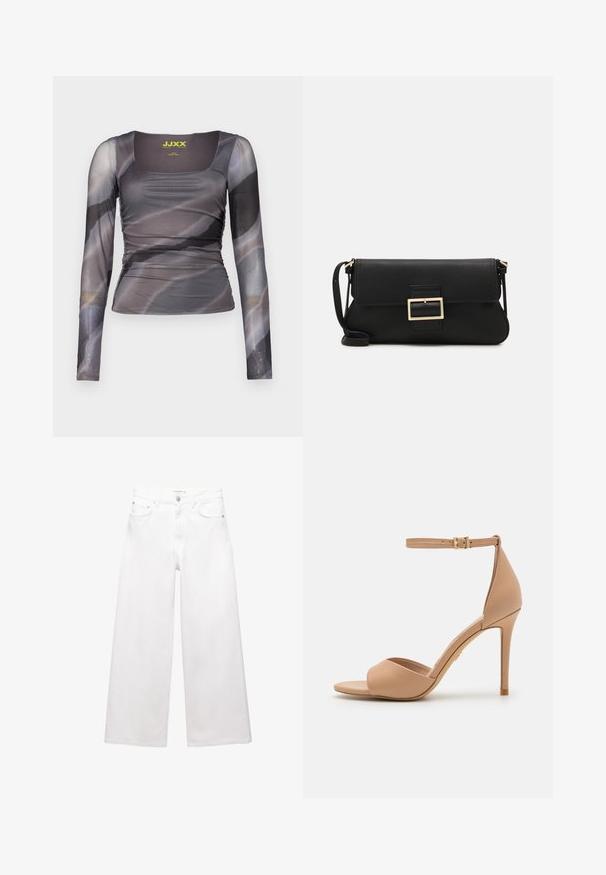 Halenka s dlhým rukávom vyrobená z priesvitného šedého materiálu s abstraktnými vzormi. Disponuje štvorcovým výstrihom a na boku s nazbieranými detailmi. Viditeľná značka.; Biele široké džínsy vyrobené z bavlny, s vysokým pásom, piatimi vreckami a mosadznými doplnkami. Hladká, nedotknutá textúra.; ALDO CRERIDE PILLOW WALK - Sandále - beige; Čierna kožená clutch taška s klopou a zlatým kovovým detailom s prackou. Obsahuje čierny remienok a elegantný, minimalistický dizajn.; Zlaté kruhové náušnice s hladkým, lesklým povrchom. Cirkulárny dizajn s malým steblom a jasným záznamom pre bezpečné nosenie.