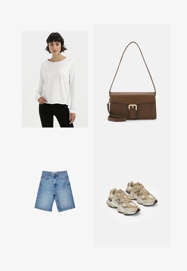White long-sleeve shirt with a soft, textured finish and round neckline, featuring raglan sleeves and a slightly curved hem.; Denim shorts in light blue, featuring a classic five-pocket design, a zip fly, and subtle fading. Straight cut with hemmed edges.; Beige sneakers with mesh and suede materials. Features a black logo and textured accents. Thick white midsole and black rubber outsole.; Brown leather handbag with a rectangular shape, featuring a front flap, gold hardware, and a long, adjustable strap.