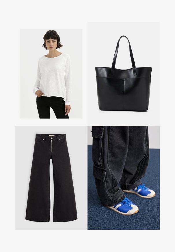 Weißes Langarmshirt mit einer weichen, strukturierten Oberfläche und Rundhalsausschnitt, ausgestattet mit Raglanärmeln und einem leicht geschwungenen Saum.; Schwarze Denim-Jeans mit weitem Bein, Reißverschluss vorne, Fünf-Taschen-Design und dezenten Stickdetails. Glatte Textur und lässiger Stil.; Person mit lockeren schwarzen Cargo-Hosen und blau-weißen Sneakers steht auf einem dunkelblauen Teppich.; Schwarze Leder-Shopper-Tasche mit zwei langen Griffen, einer glatten Textur und einer strukturierten Form. Verfügt über eine Vordertasche für zusätzlichen Stauraum.