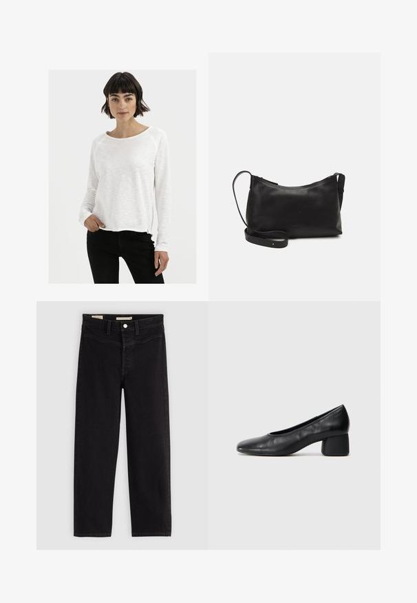 Witte langmouwen shirt met een zachte, gestructureerde afwerking en ronde halslijn, met raglanmouwen en een licht gebogen zoom.; Zwarte jeans met een rechte pasvorm, gemaakt van denim. Voorzien van steekzakken, een knoopsluiting en contrasterende stiksels.; Zwarte leren pump met een ronde neus en een middenblokhak. Glad textuur met minimale details, voorzien van een subtiele elastische opening.; Zwarte leren schoudertas met een gladde textuur, gebogen vorm, verstelbare schouderband en een ritsafsluiting. Minimalistisch ontwerp zonder versieringen.
