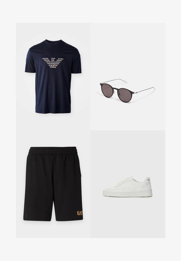 Navy cotton t-shirt featuring a graphic eagle logo in beige and white, crew neckline, short sleeves, and a relaxed fit.; Black athletic shorts made of soft fabric,Featuring an elastic waistband and a small yellow EA7 logo on the lower left leg.; White leather sneaker with a smooth finish, round toe, flat laces, and a textured sole. Features a subtle logo on the heel.; Black round sunglasses with dark lenses and slim metal arms. Includes clear temple tips and silver accents at the hinge. Minimalist design.