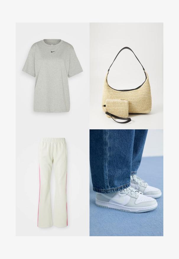 Šedé bavlněné tričko s kulatým výstřihem a krátkými rukávy. Na hrudi se nachází malé černé logo Nike. Jednoduchý, uvolněný střih.; Světlé béžové kalhoty s elastickým pasem, s růžovými bočními panely a postranními kapsami. Hladká textura s rovným střihem.; Nike tenisky v bílé a světle šedé kůži s perforovanou špičkou, plochými tkaničkami a gumovou podrážkou, spárovány s modrými džíny.; Tkaná slaměná taška s zakřiveným siluetou, která má hladký černý kožený popruh a odpovídající malou taštičku připevněnou zápěstním páskem.