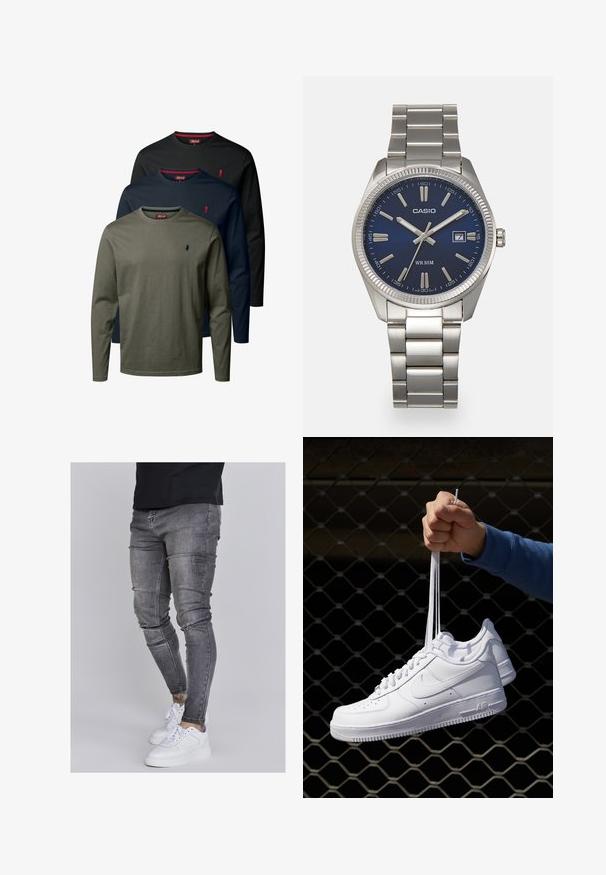 Három hosszú ujjú póló olíva zöld, tengerészkék és fekete színben. Mindegyik kör alakú nyakkivágással és kis logóval rendelkezik a mellrészen. Pamut anyag.; Fakó szürke farmerből készült skinny farmernadrág, térdén kopott részletekkel, fehér sportcipővel párosítva. Simább anyag, karcsú szabás.; Fehér bőr sportcipők perforációval, kerek orral, lapos talppal és vastag fűzőkkel, látható swoosh logóval és "AIR" felirattal a sarokrészen.; Ezüst színű rozsdamentes acél karóránk sötétkék számlapja van, fém óraszámlálókkal és egy dátumablakkal a 3 órás pozícióban. 50 méterig vízálló.