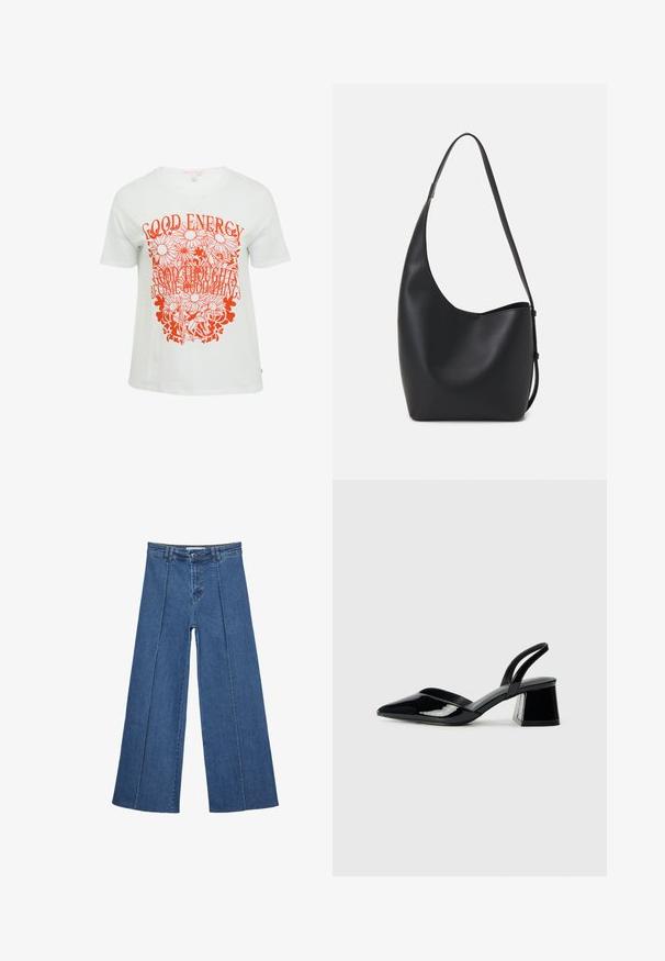 Weißes T-Shirt mit einem auffälligen orangen Grafikdesign, das florale Elemente sowie den Text "GUTE ENERGIE" und "GUTE GEDANKEN WERDEN GUTE DINGE" enthält.; Weite Jeans aus Denim in Mittelblau, mit hoher Taille, Knopfverschluss und kontrastierenden vertikalen Nahtdetails an der Vorderseite.; Schwarze Lackleder-Slingback-High Heels mit spitzem Schuh und einem geometrischen Blockabsatz. Verfügt über ein schlankes, minimalistisches Design und eine glatte Textur.; Schwarze Leder-Hobo-Tasche mit einer glatten Textur, geschwungener Form und einem einzelnen verstellbaren Tragegurt; verfügt über eine weite Öffnung am oberen Ende.