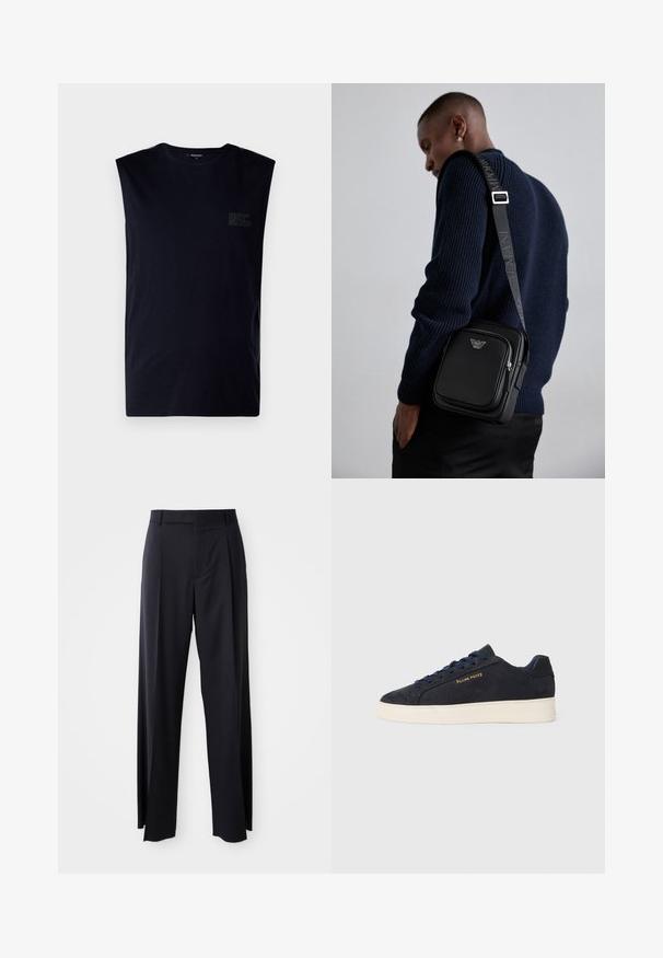 Ron Dorff Top - black; Pantaloni neri a vita alta con gamba larga, realizzati in tessuto liscio. Presentano pieghe frontali e passanti per cintura. Design minimalista, senza hardware visibile.; Sneaker bassa in suede blu navy con suola bianca, lacci blu navy e logo "Filling Pieces" in oro sul lato.; Borsa a tracolla in pelle nera con un scomparto con zip, dettaglio del logo e una tracolla regolabile con branding. Indossata sopra un maglione blu navy a trama.